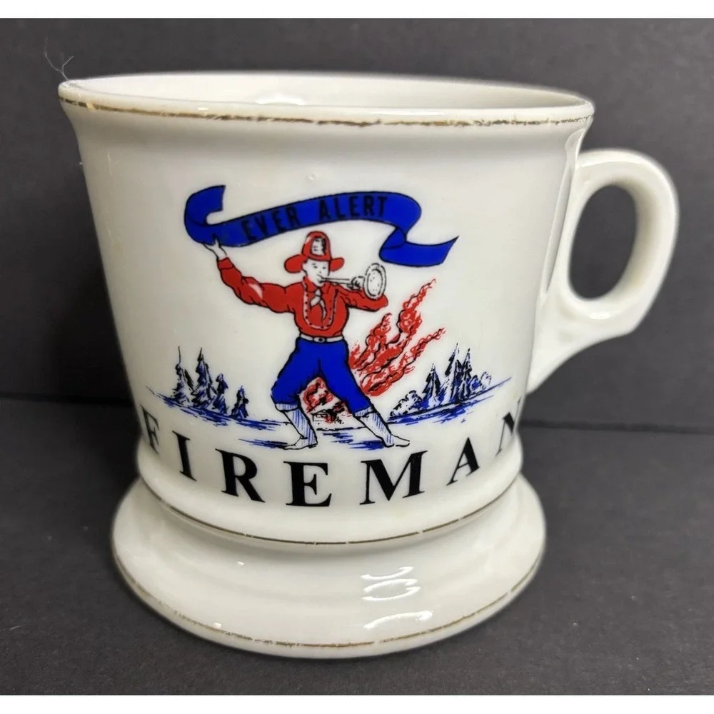 Fireman Occupational Shaving Mug White Gold Trim Vintage Ever Alert